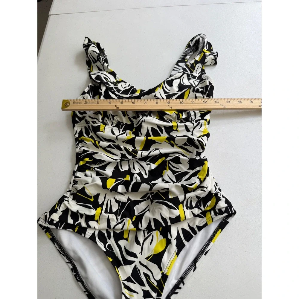 DKNY Womens Small One Piece Swimsuit Black White Yellow Floral  Tummy Control - Picture 4 of 13